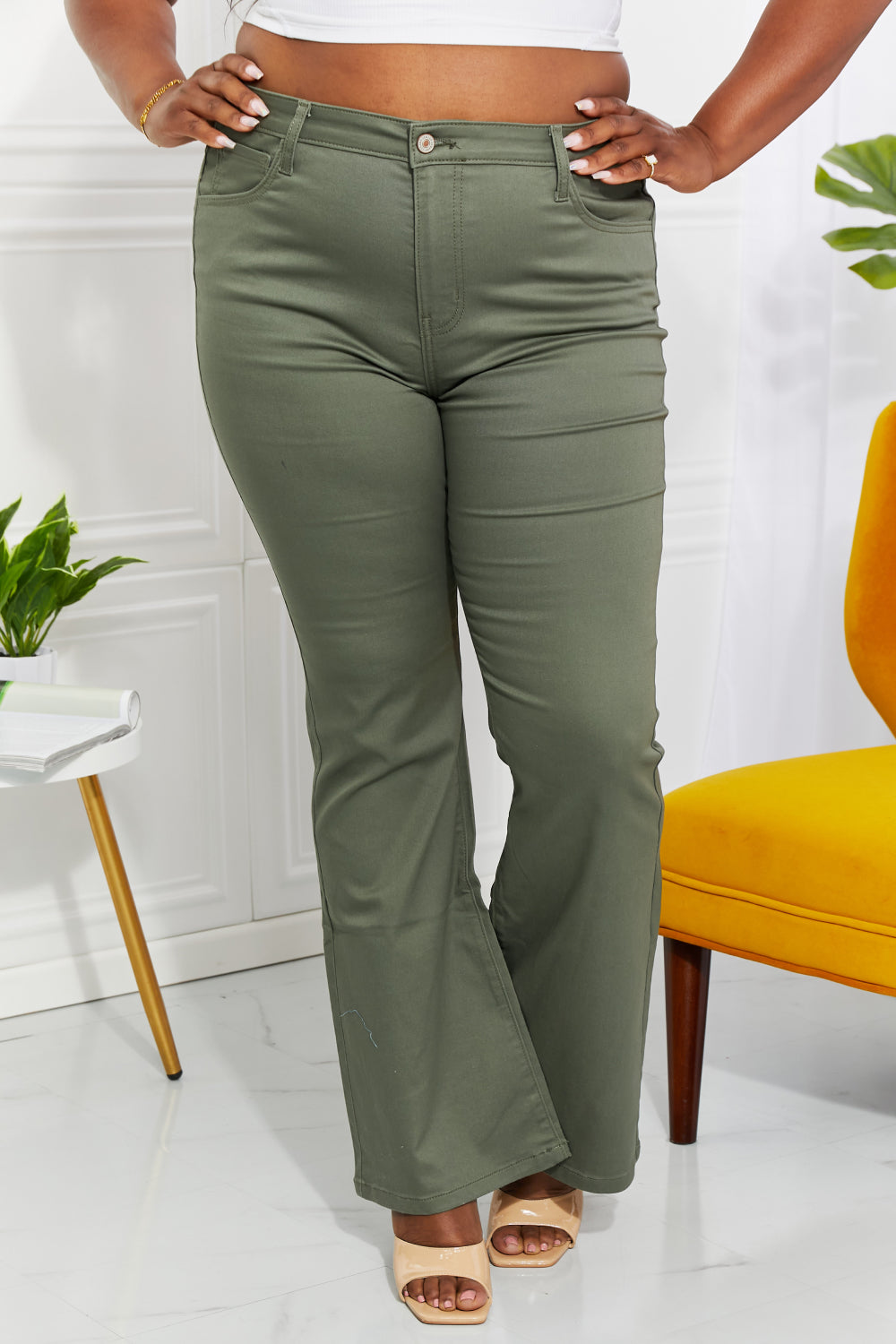 Zenana Clementine Full Size High-Rise Bootcut Jeans in Olive | - CHANELIA