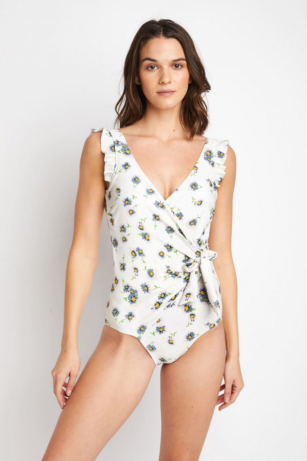 Marina West Swim Float On Ruffle Faux Wrap One-Piece in Daisy Cream | - CHANELIA