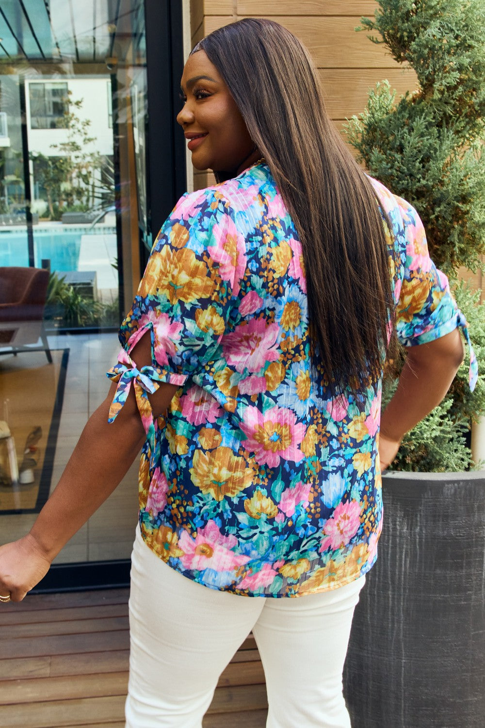 Petal Dew Full Size Floral V-Neck Tie Detail Blouse | Blouse - CHANELIA