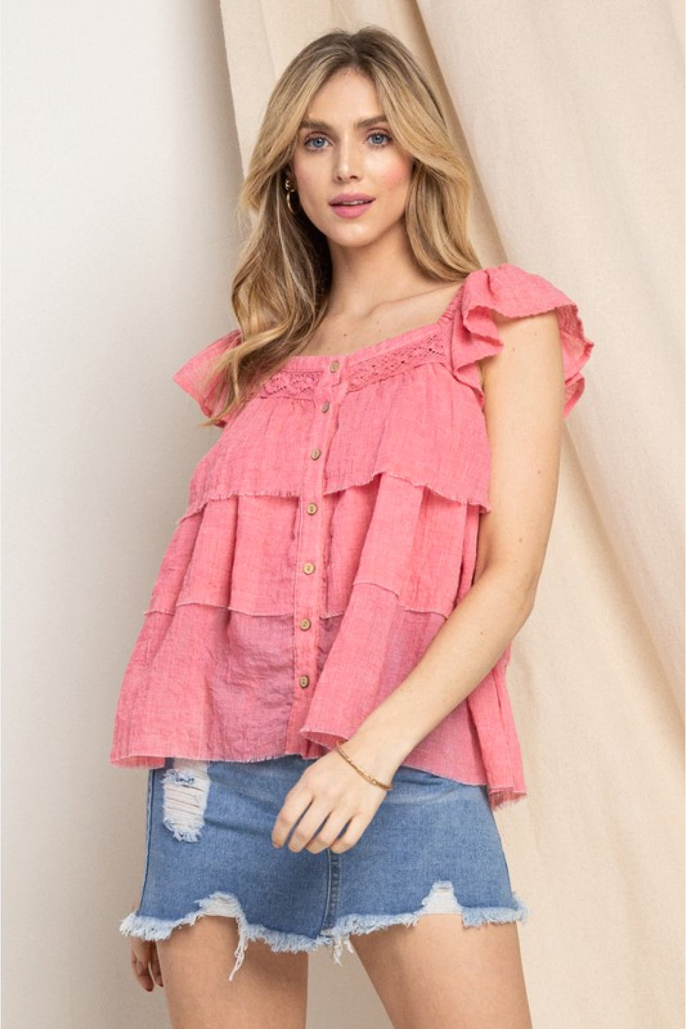 ODDI Full Size Buttoned Ruffled Top | - CHANELIA