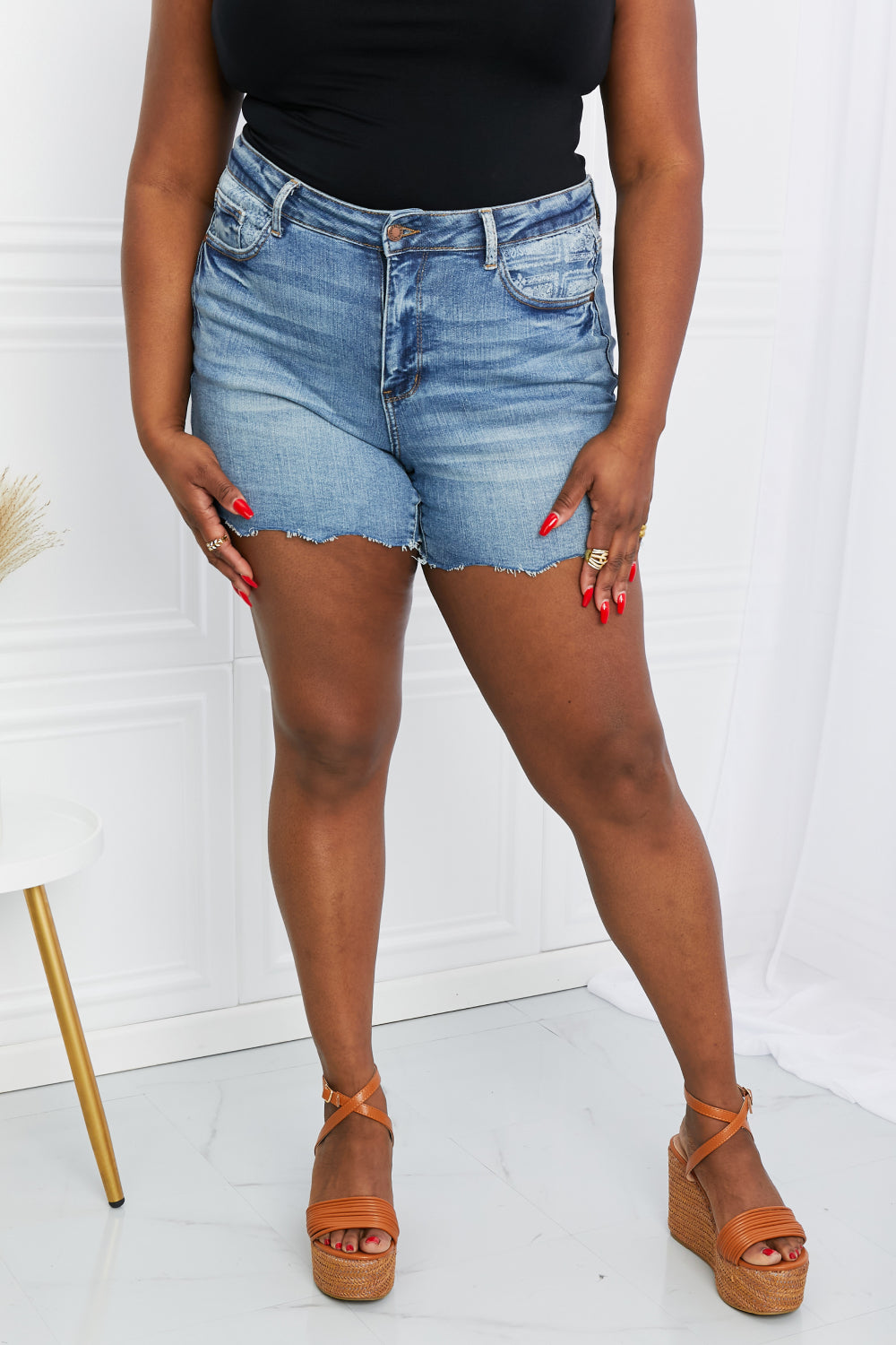 Full Size Raw Hem Denim Shorts | Shorts - CHANELIA