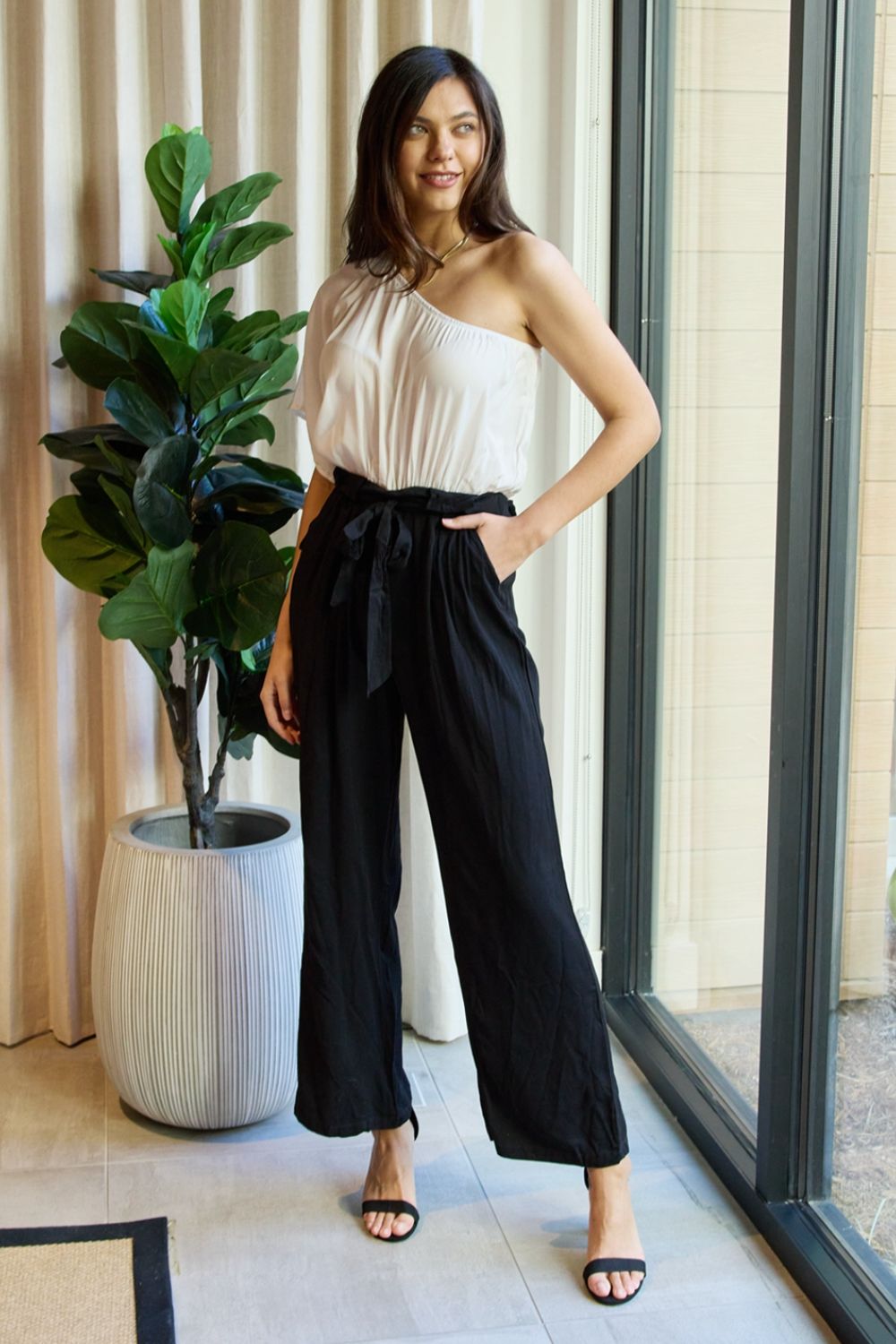 Marvelous in Manhattan One-Shoulder Jumpsuit in White/Black | Jumpsuits - CHANELIA