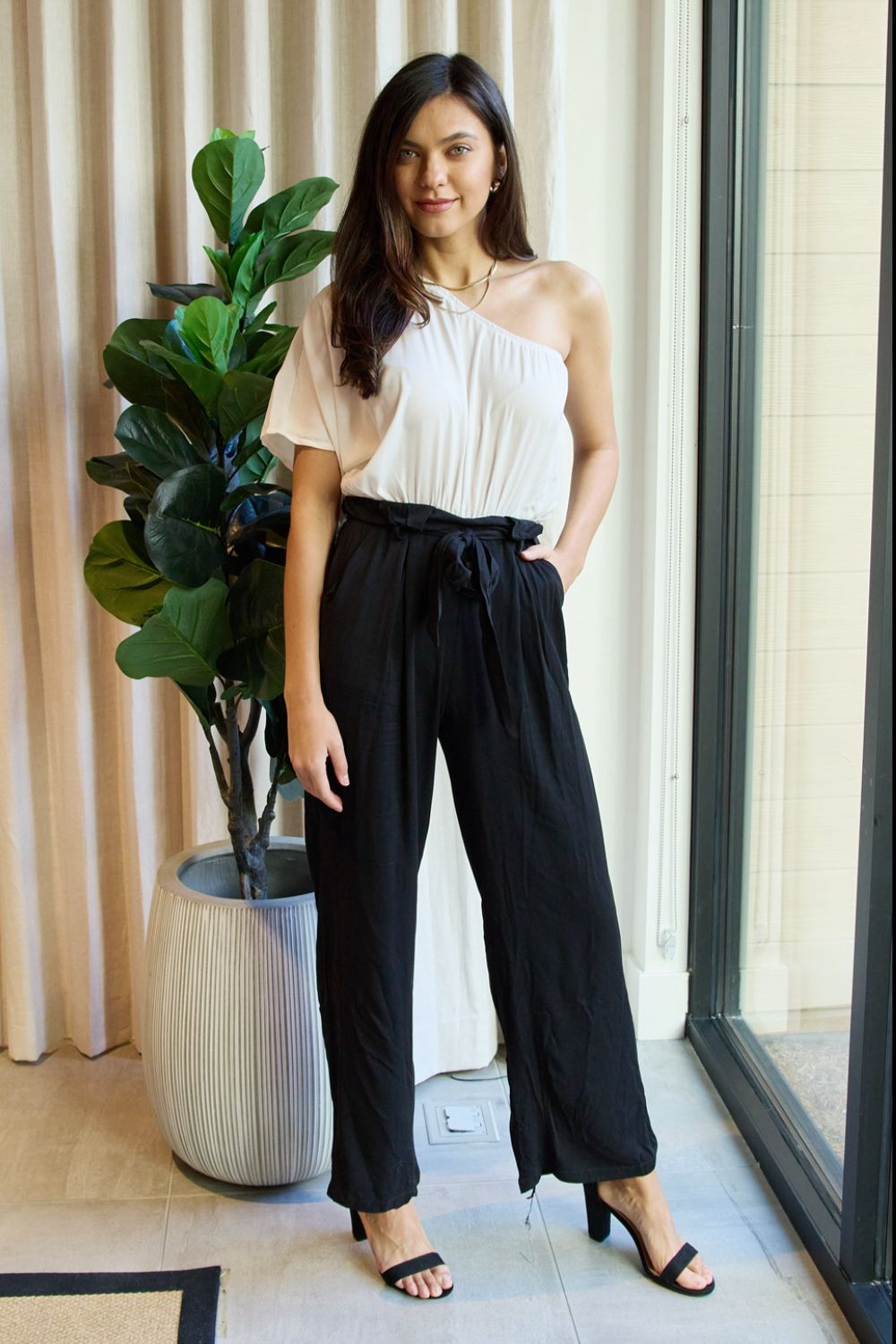 Marvelous in Manhattan One-Shoulder Jumpsuit in White/Black | Jumpsuits - CHANELIA