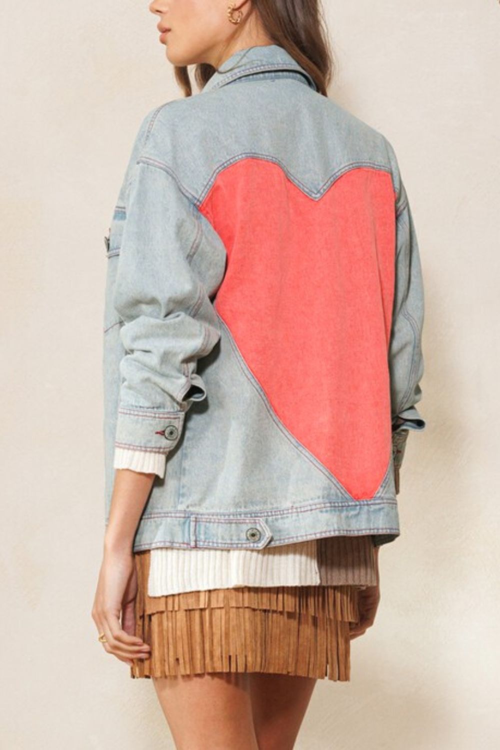 Full Size Contrast Heart Denim Jacket | Jackets - CHANELIA