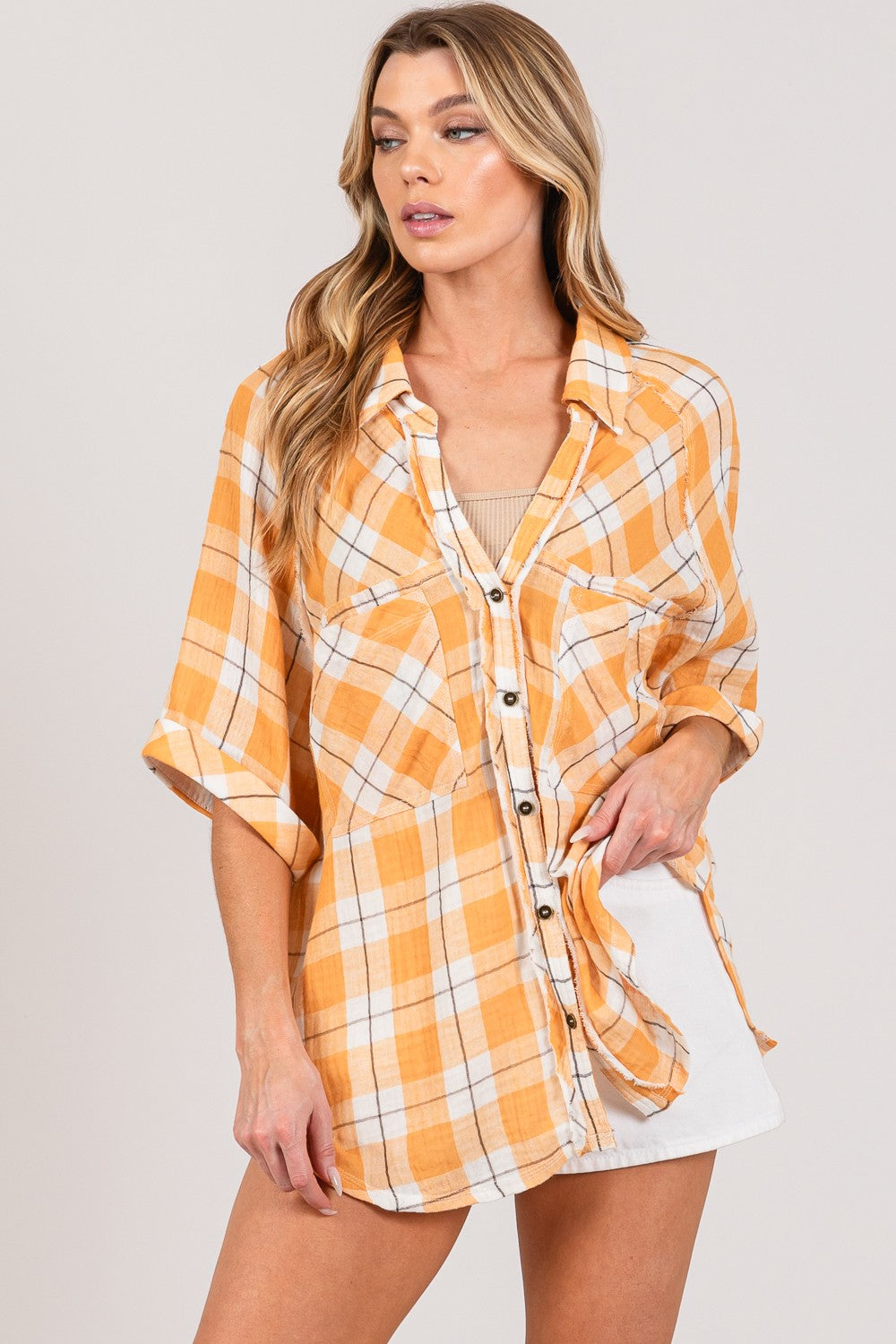 Plaid Button Up Side Slit Shirt | Shirt - CHANELIA