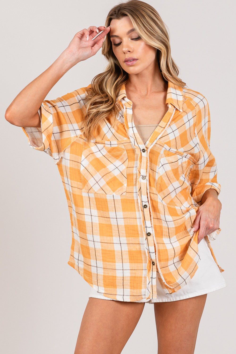 Plaid Button Up Side Slit Shirt | Shirt - CHANELIA