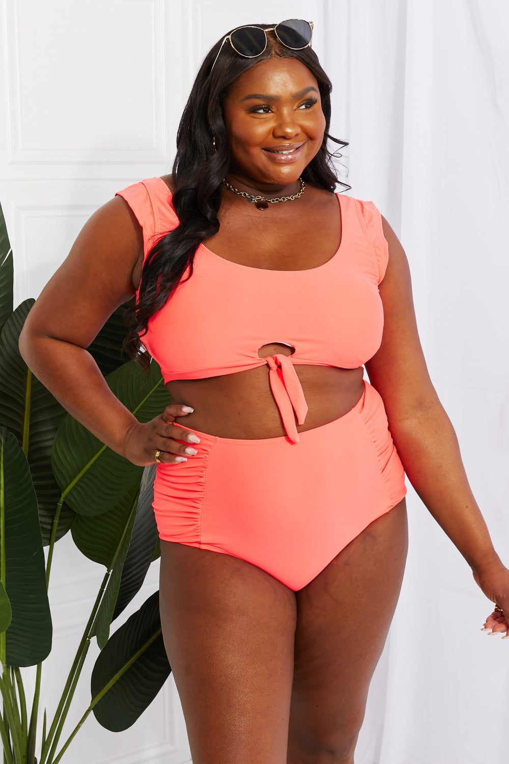 Marina West Swim Sanibel Crop Swim Top and Ruched Bottoms Set in Coral | - CHANELIA