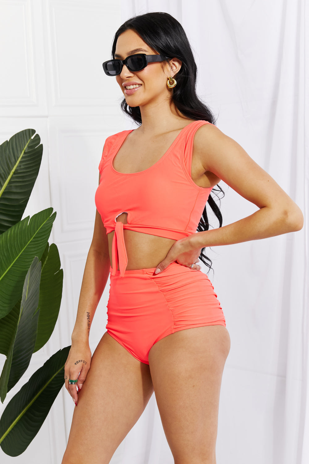 Marina West Swim Sanibel Crop Swim Top and Ruched Bottoms Set in Coral | - CHANELIA