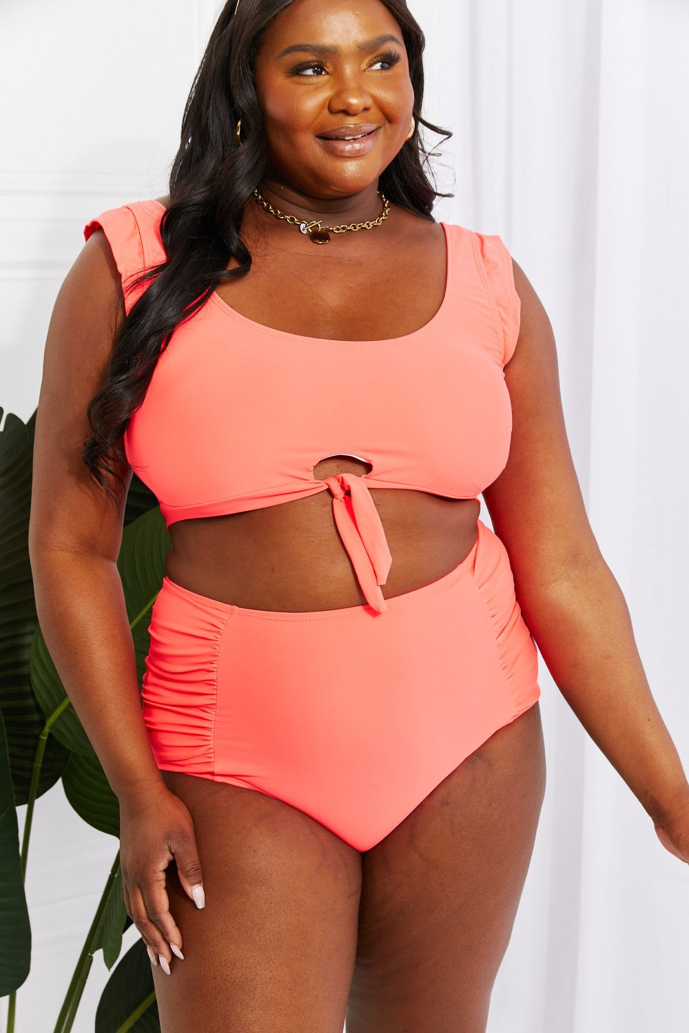 Marina West Swim Sanibel Crop Swim Top and Ruched Bottoms Set in Coral | - CHANELIA