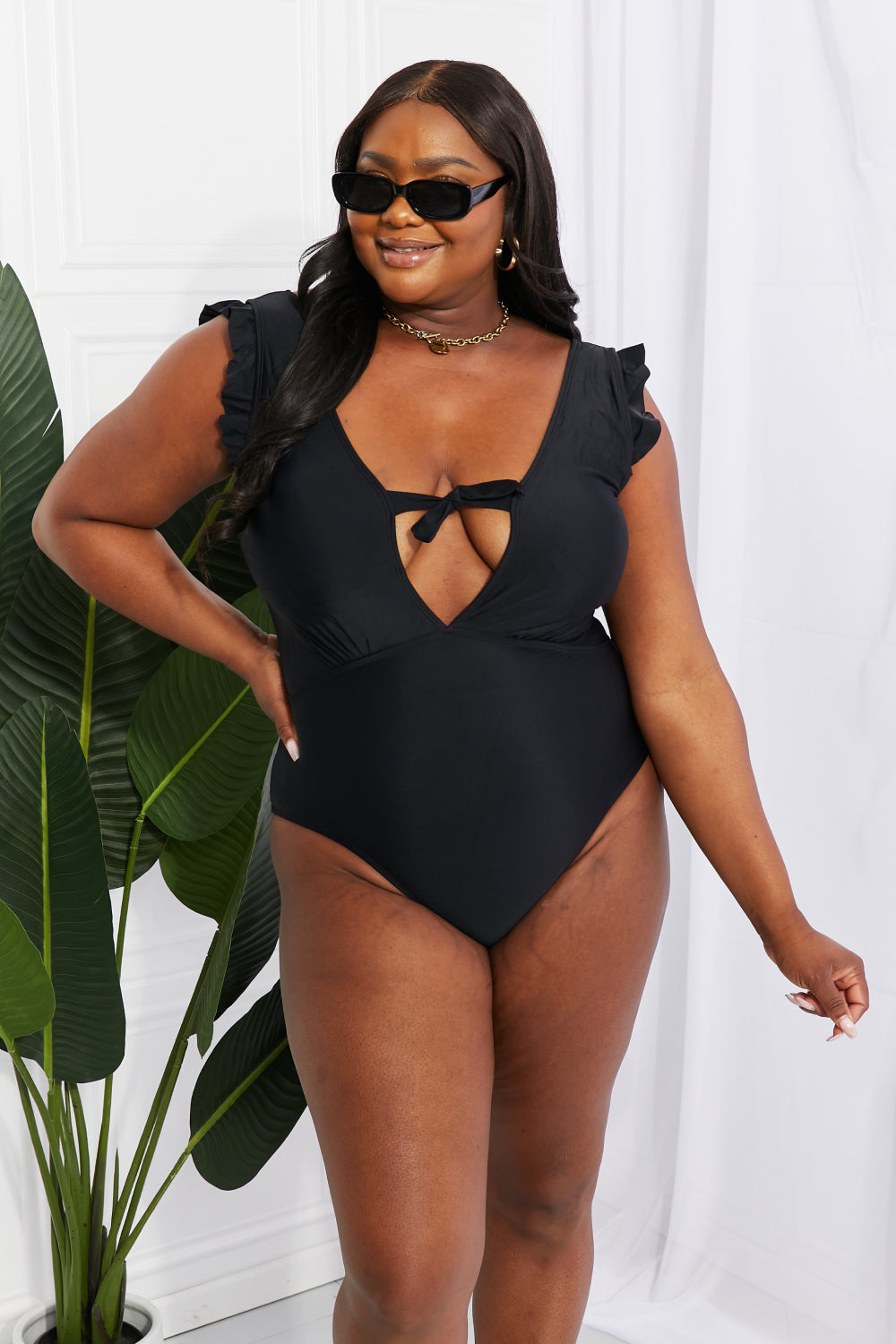 Marina West Swim Seashell Ruffle Sleeve One-Piece in Black | - CHANELIA