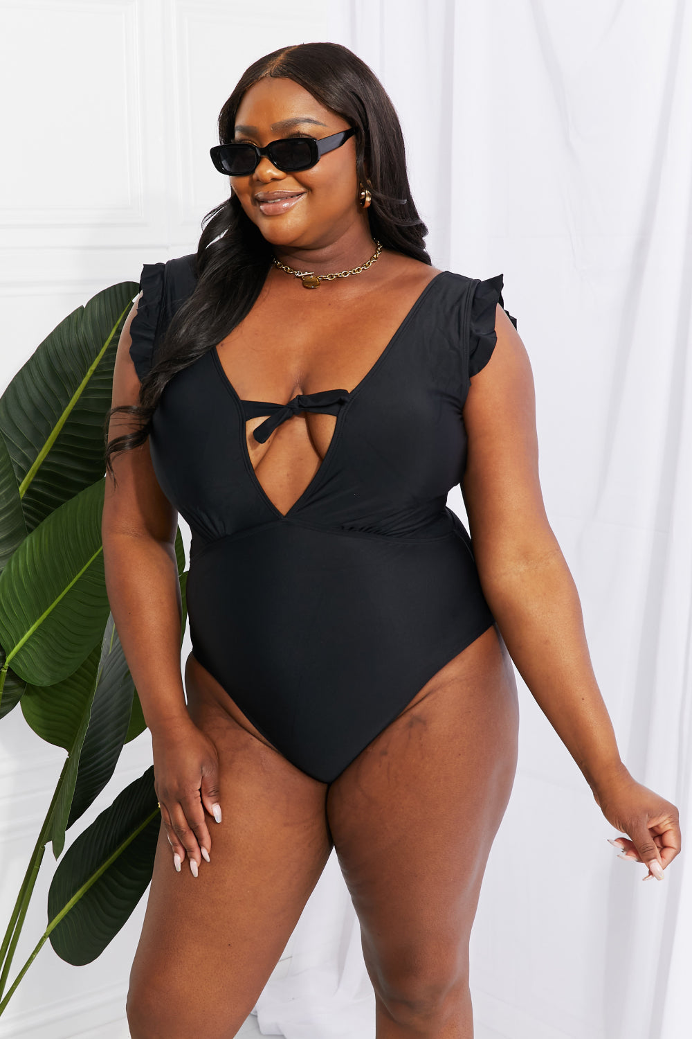 Marina West Swim Seashell Ruffle Sleeve One-Piece in Black | - CHANELIA