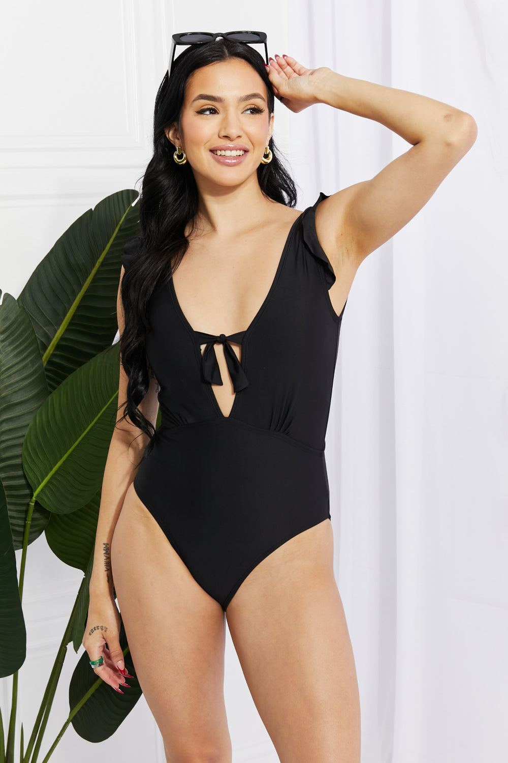 Marina West Swim Seashell Ruffle Sleeve One-Piece in Black | - CHANELIA