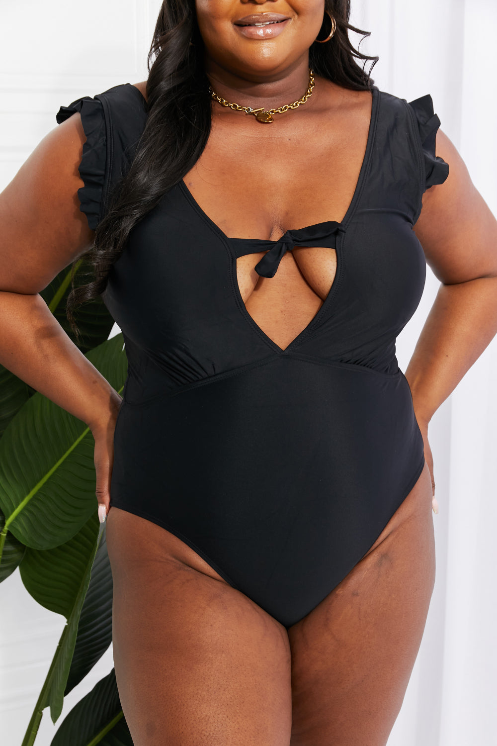 Marina West Swim Seashell Ruffle Sleeve One-Piece in Black | - CHANELIA