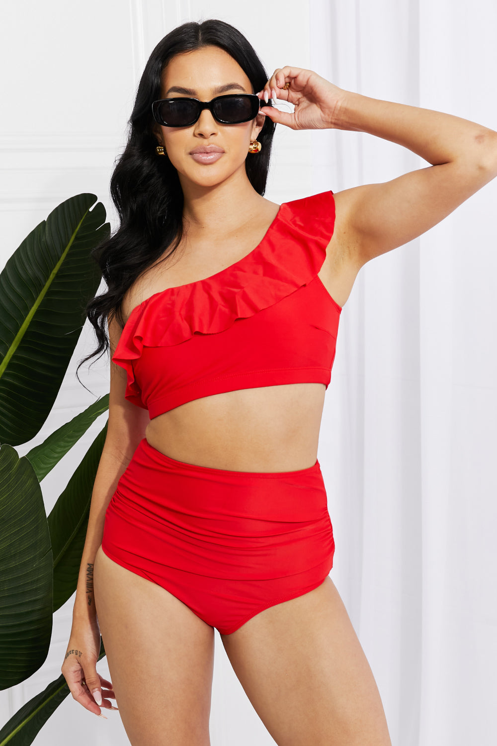 Marina West Swim Seaside Romance Ruffle One-Shoulder Bikini in Red | - CHANELIA