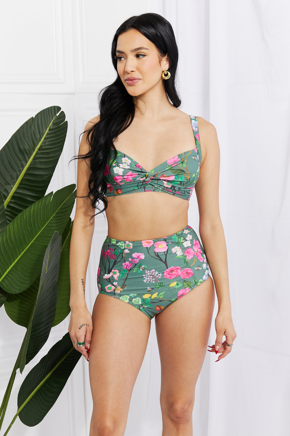 Marina West Swim Take A Dip Twist High-Rise Bikini in Sage | - CHANELIA