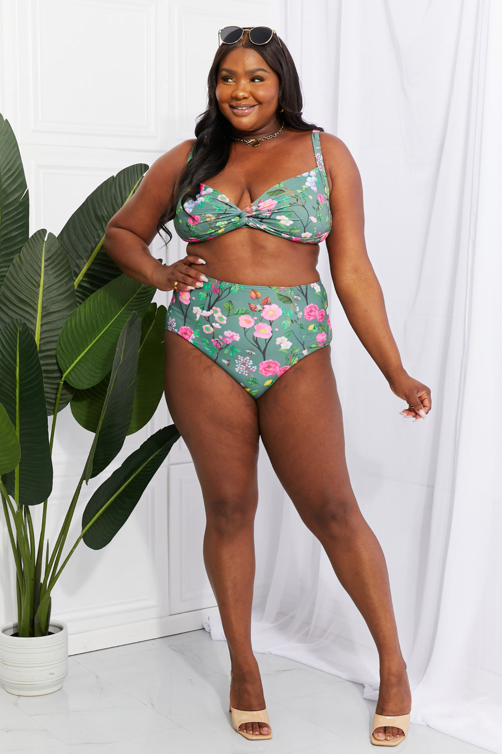 Marina West Swim Take A Dip Twist High-Rise Bikini in Sage | - CHANELIA