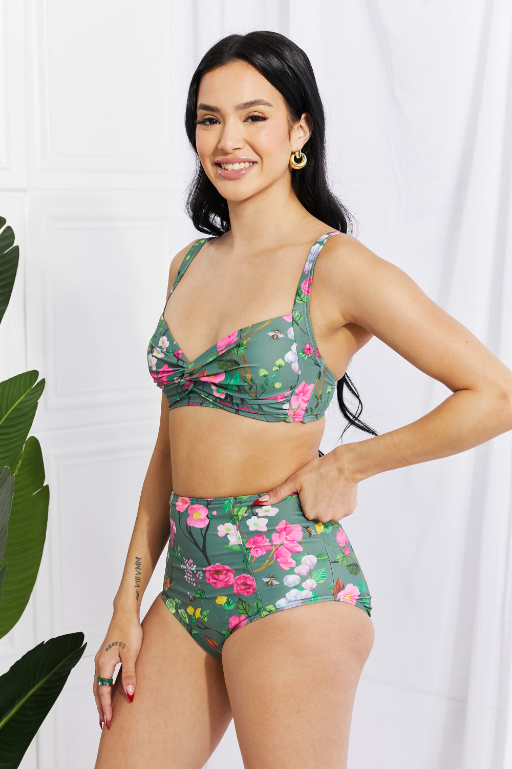 Marina West Swim Take A Dip Twist High-Rise Bikini in Sage | - CHANELIA