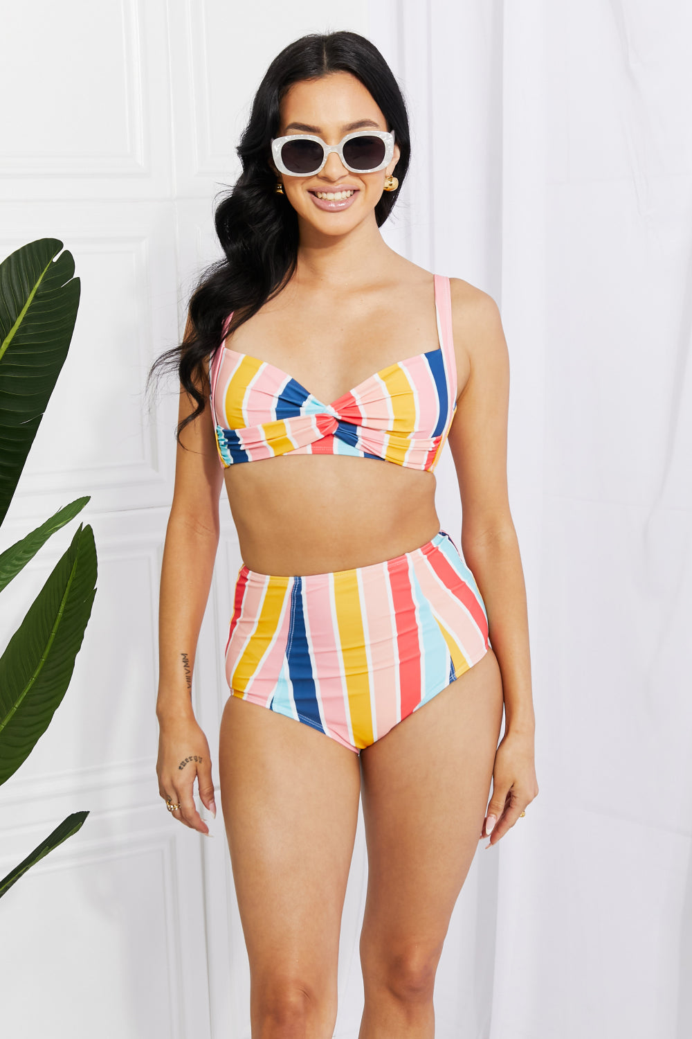 Marina West Swim Take A Dip Twist High-Rise Bikini in Stripe | - CHANELIA