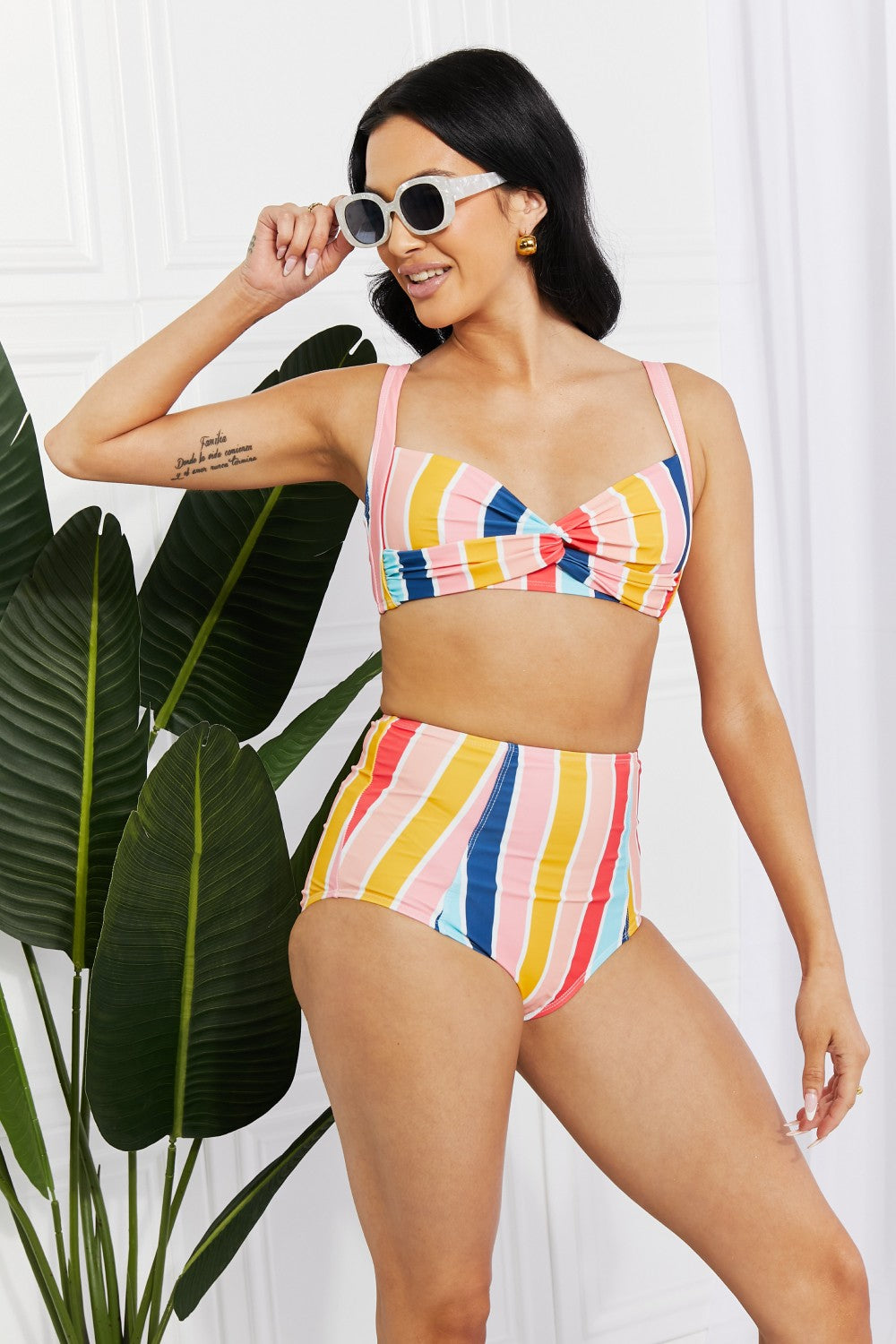 Marina West Swim Take A Dip Twist High-Rise Bikini in Stripe | - CHANELIA