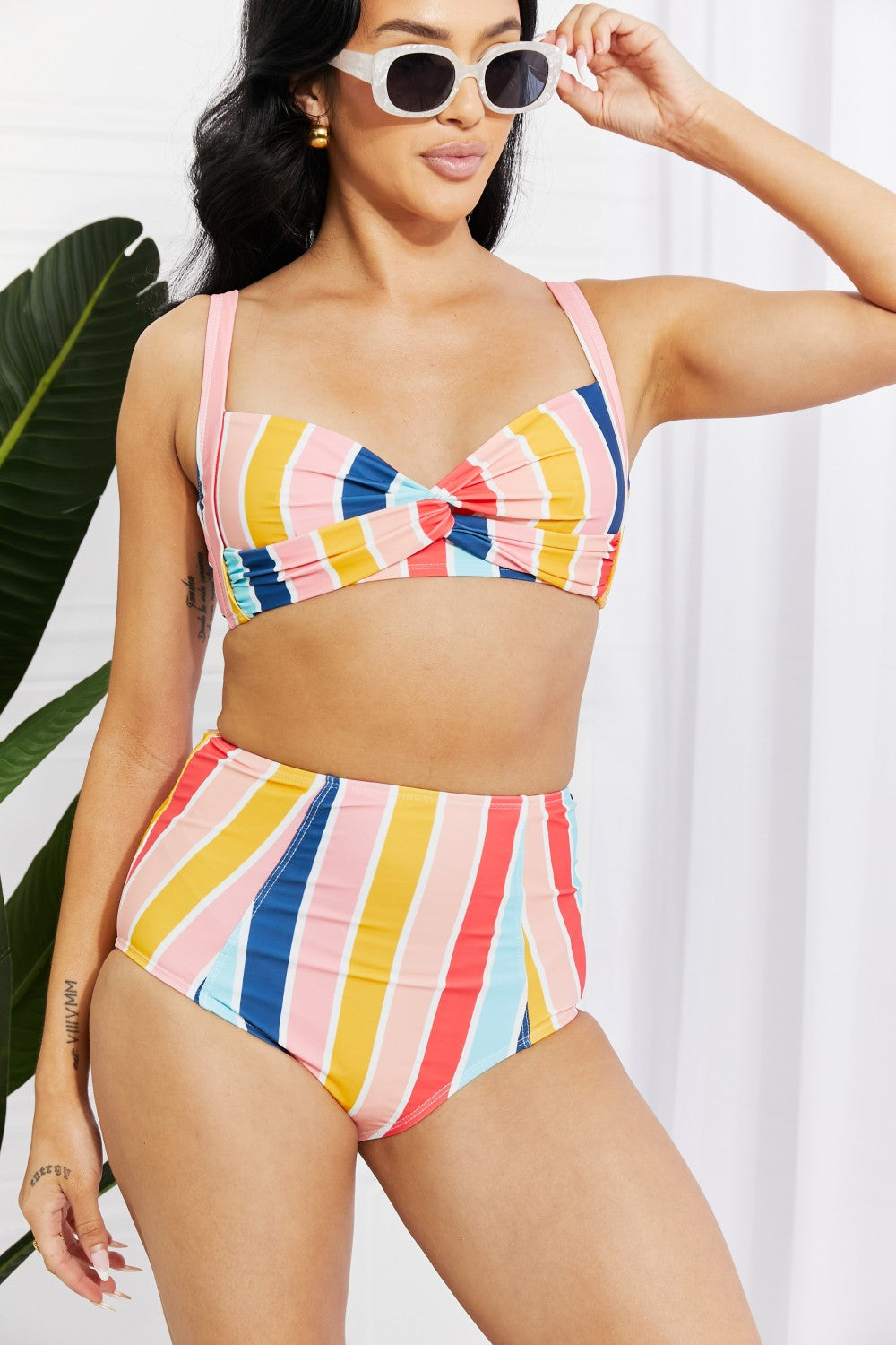 Marina West Swim Take A Dip Twist High-Rise Bikini in Stripe | - CHANELIA