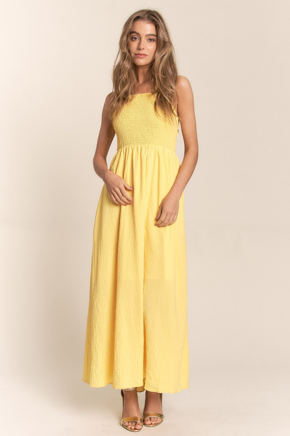 Texture Crisscross Back Tie Smocked Maxi Dress | Dress - CHANELIA