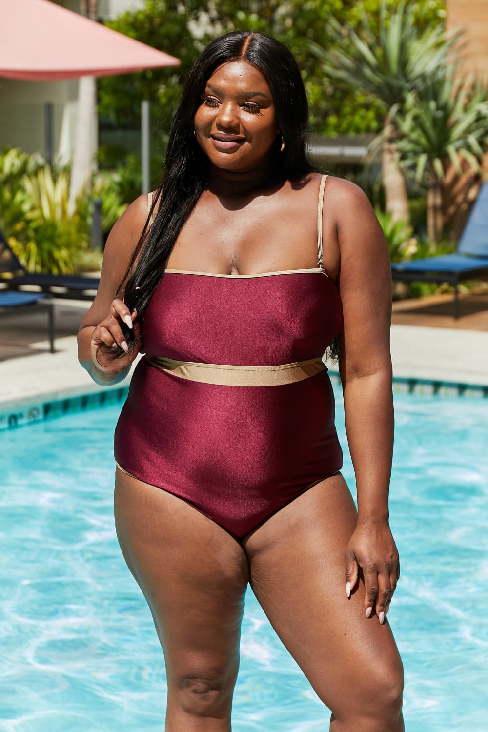 Marina West Swim Wave Break Contrast Trim One-Piece in Wine | - CHANELIA