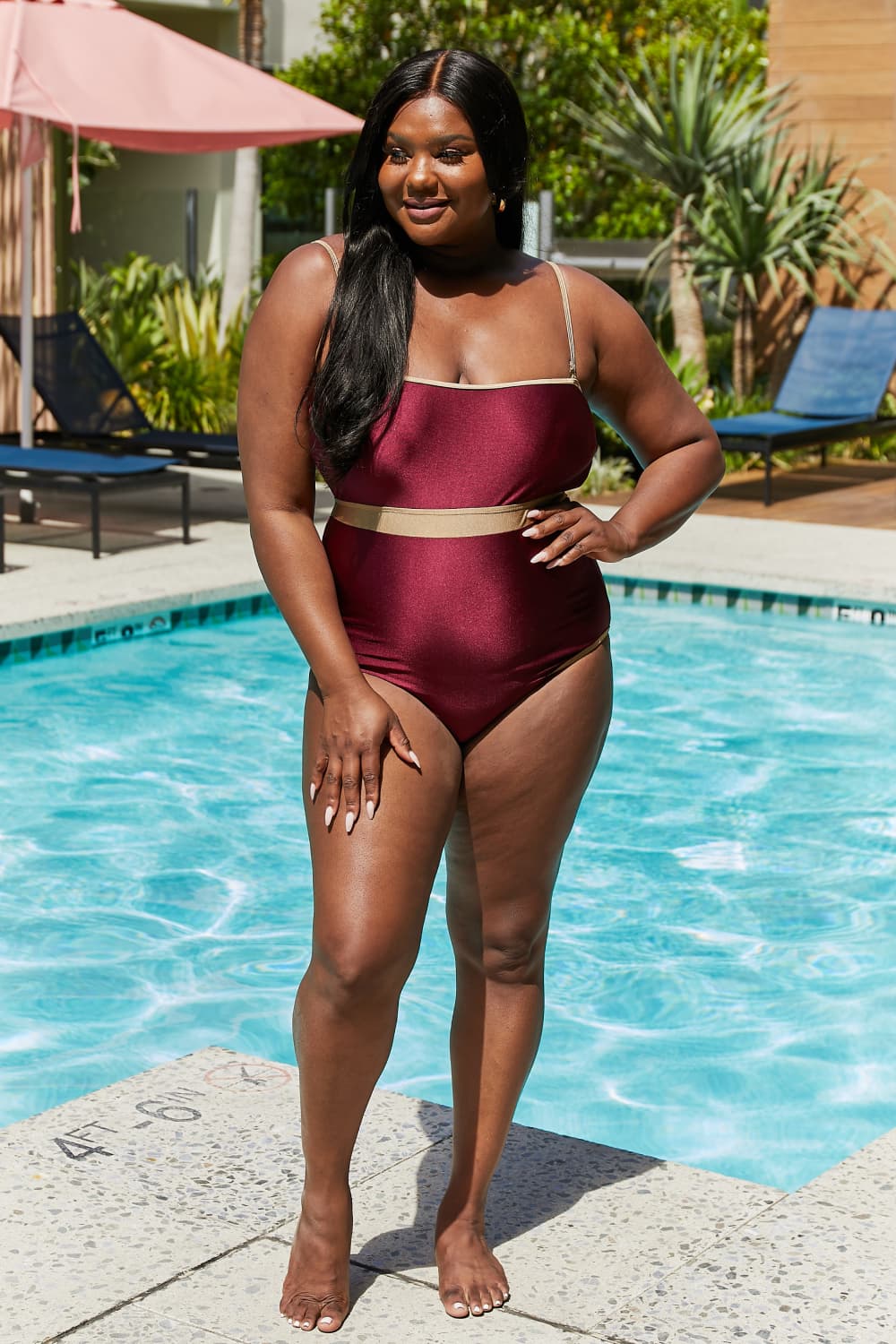 Marina West Swim Wave Break Contrast Trim One-Piece in Wine | - CHANELIA