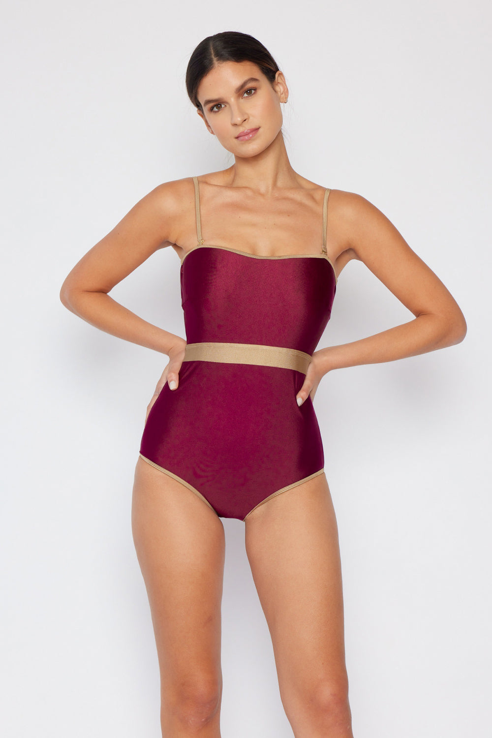 Marina West Swim Wave Break Contrast Trim One-Piece in Wine | - CHANELIA