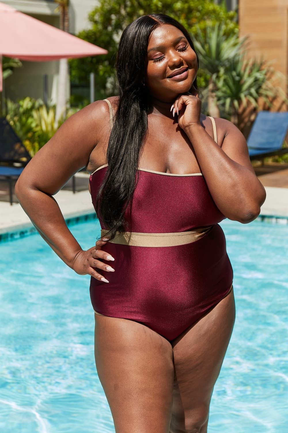 Marina West Swim Wave Break Contrast Trim One-Piece in Wine | - CHANELIA