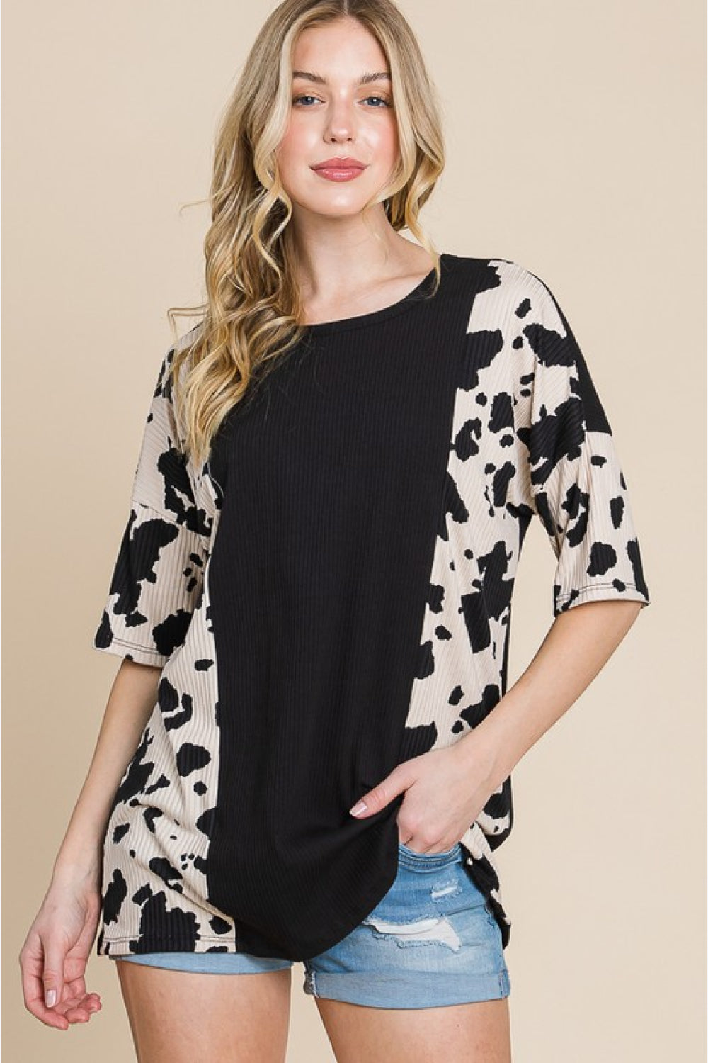 BOMBOM Rodeo Love Ribbed Animal Contrast Tee | - CHANELIA