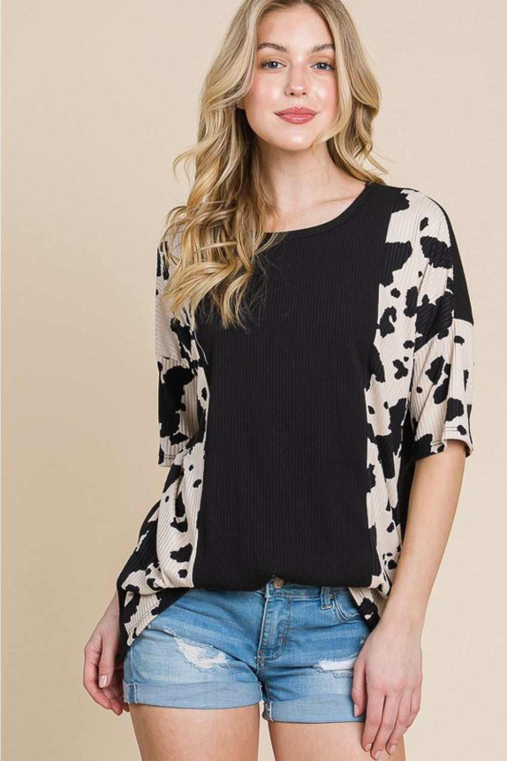 BOMBOM Rodeo Love Ribbed Animal Contrast Tee | - CHANELIA