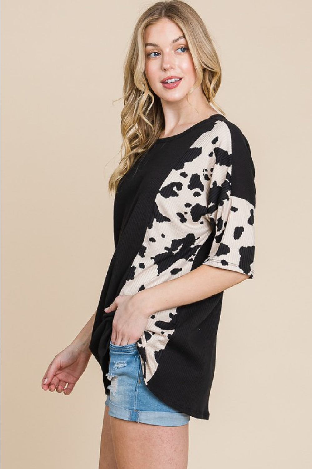 BOMBOM Rodeo Love Ribbed Animal Contrast Tee | - CHANELIA