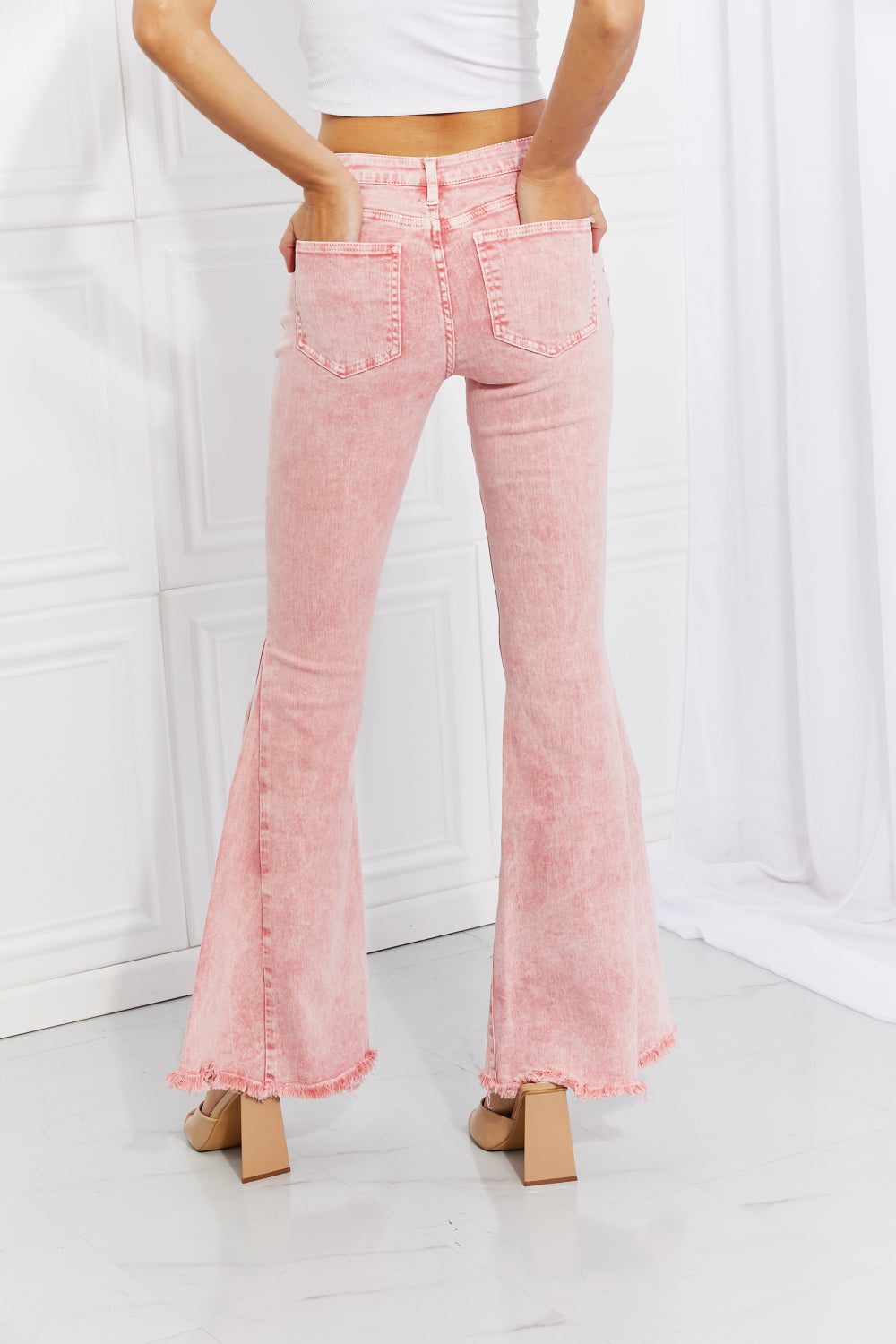 Color Theory Flip Side Fray Hem Bell Bottom Jeans in Pink | - CHANELIA