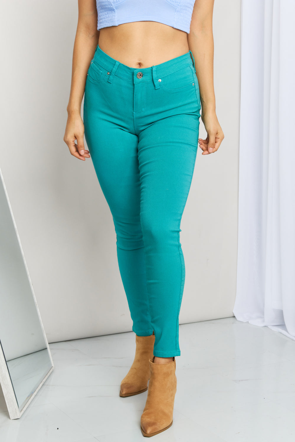 Kate Hyper-Stretch Full Size Mid-Rise Skinny Jeans in Sea Green | Jeans - CHANELIA