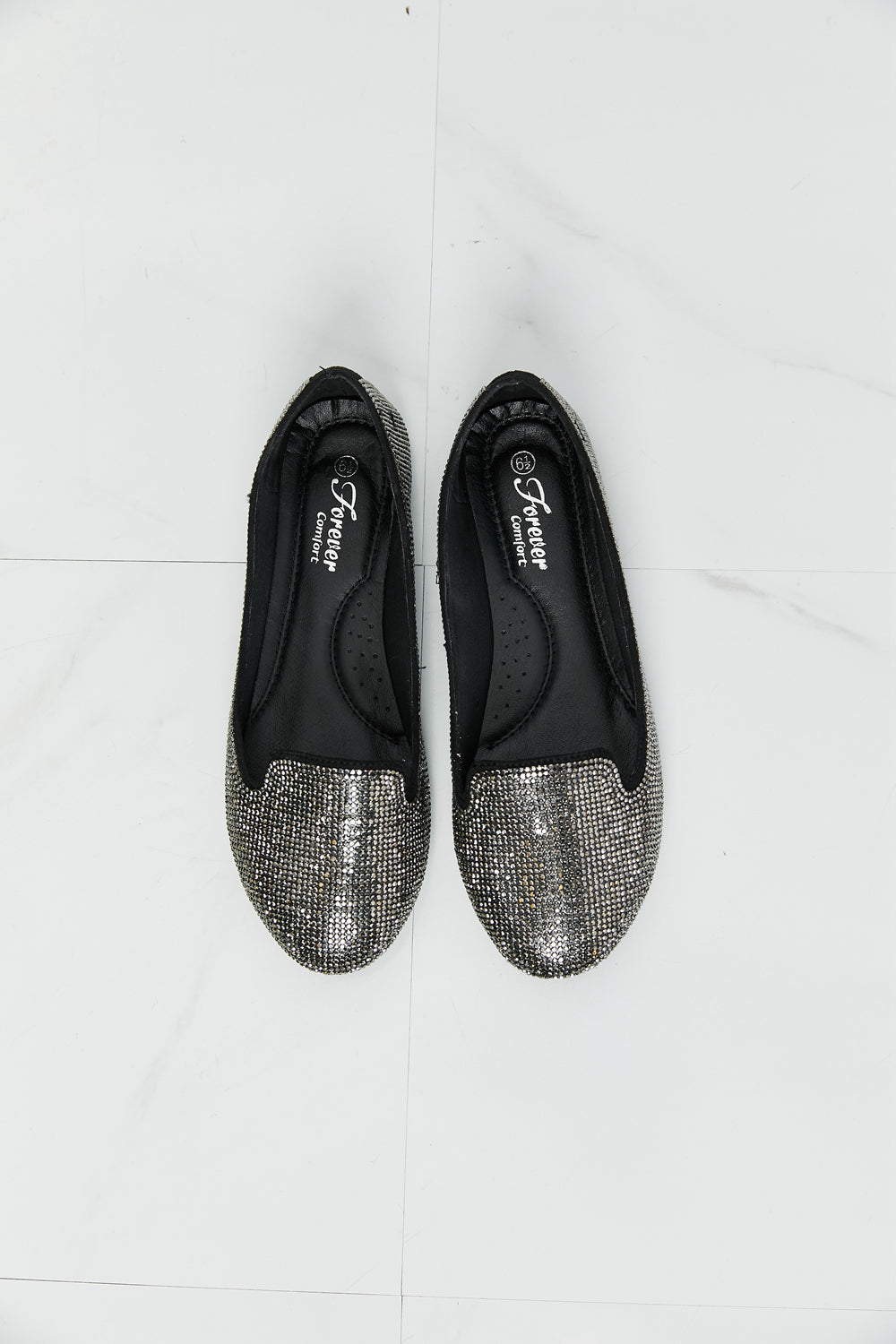 Forever Link Rhinestone Round Toe Flats in Black/Pewter | - CHANELIA