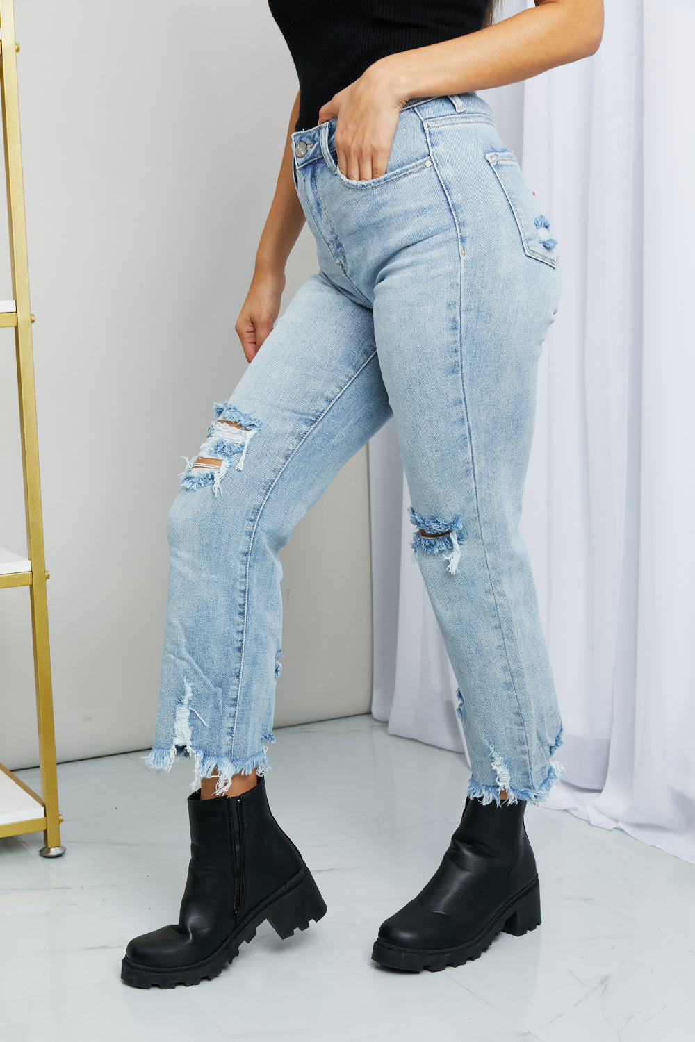 RISEN Full Size Distressed Fringe Hem Cropped Jeans | - CHANELIA