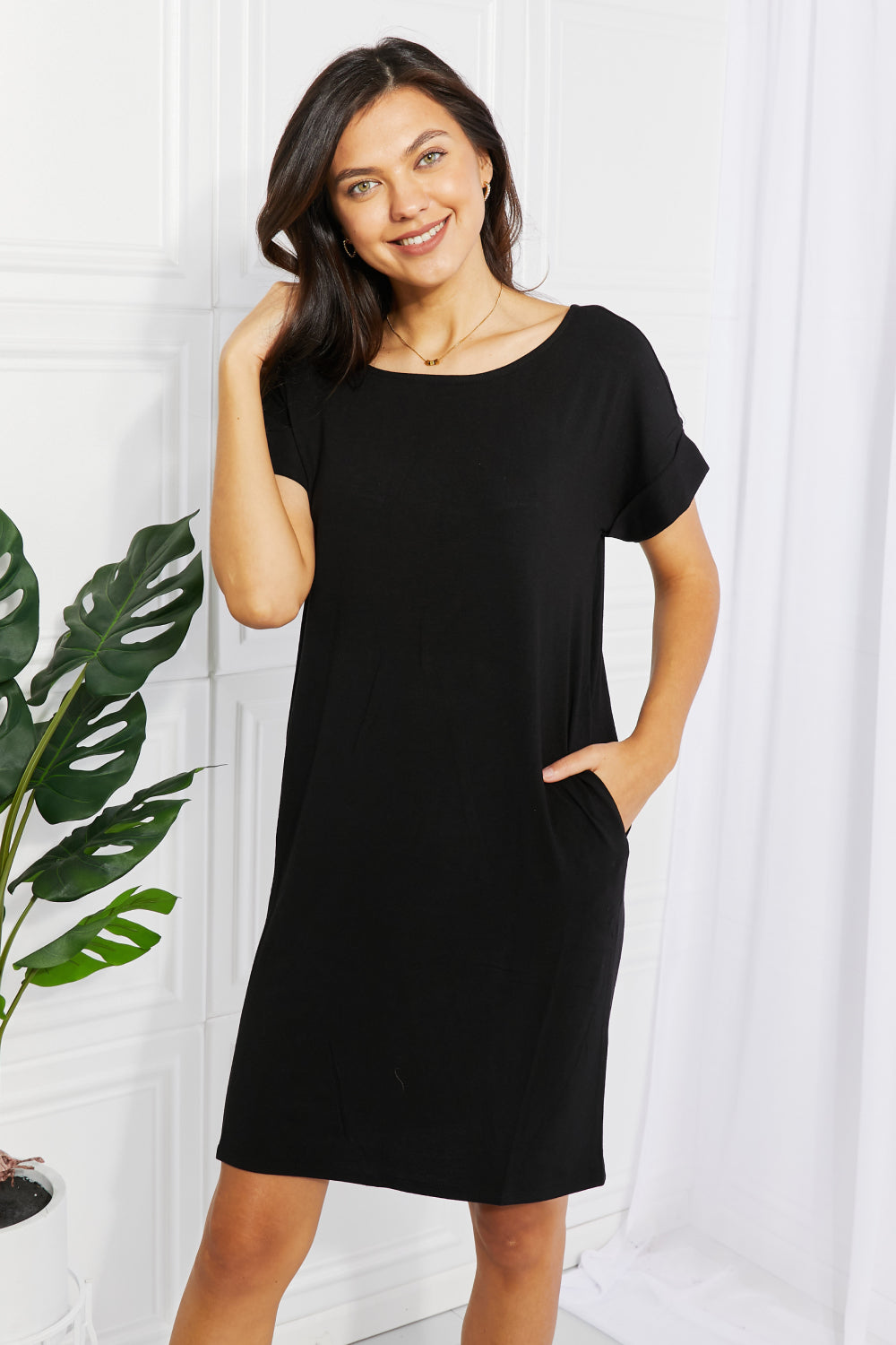 Zenana Chic in the City Full Size Rolled Short Sleeve Dress | - CHANELIA