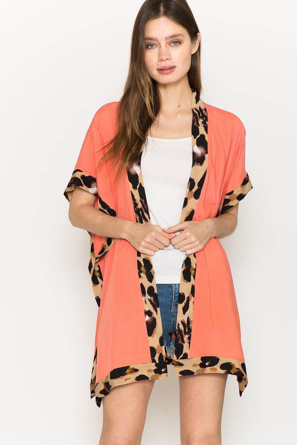 Justin Taylor Leopard Contrast Open Front Cardigan | Cardigans - CHANELIA