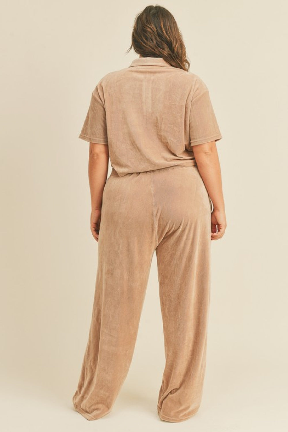 Kimberly C Full Size Cropped Polo Shirt and Wide Leg Pants Set in Taupe | Pants Sets - CHANELIA