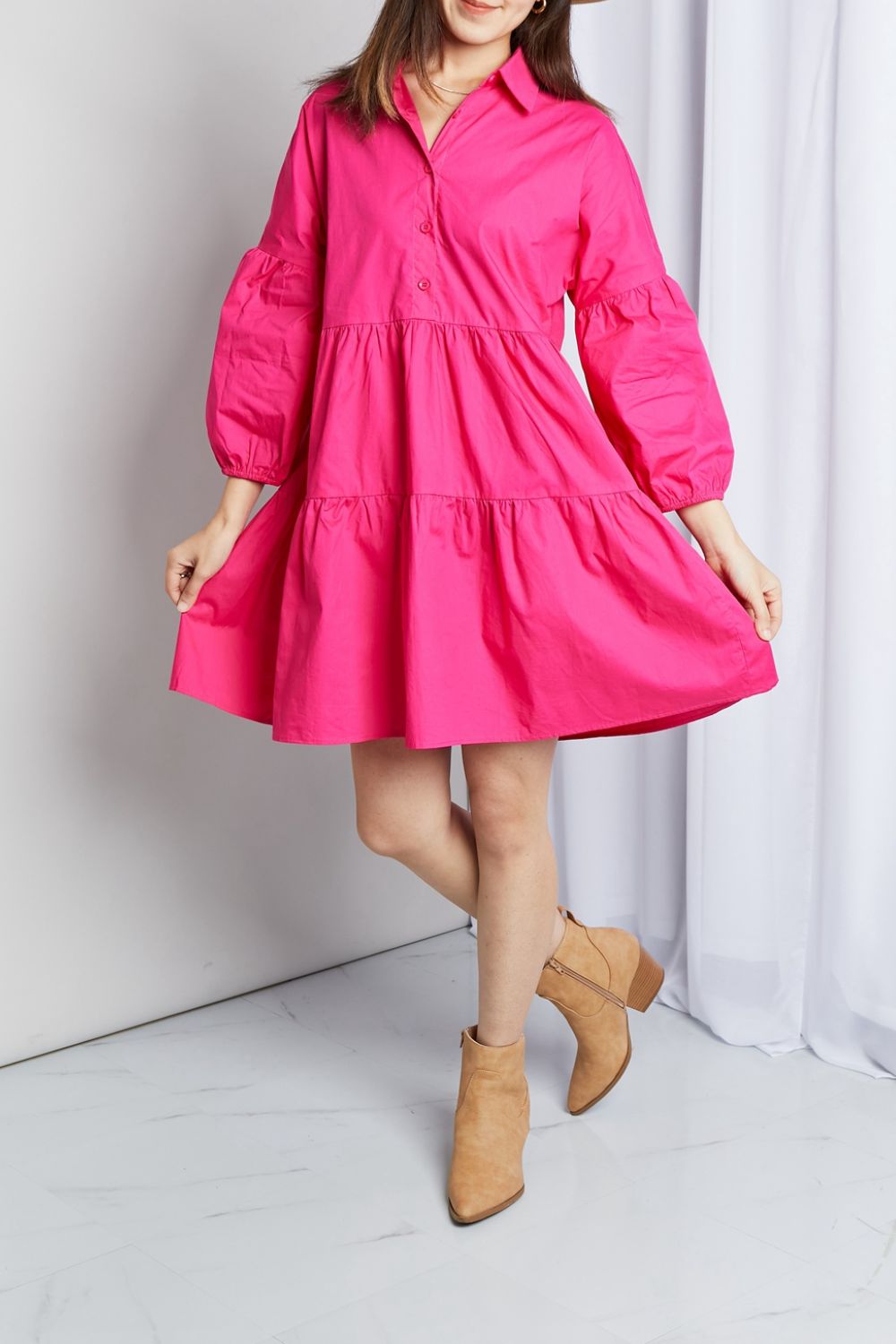 Full Size Buttoned Puff Sleeve Tiered Shirt Dress | Dresses - CHANELIA