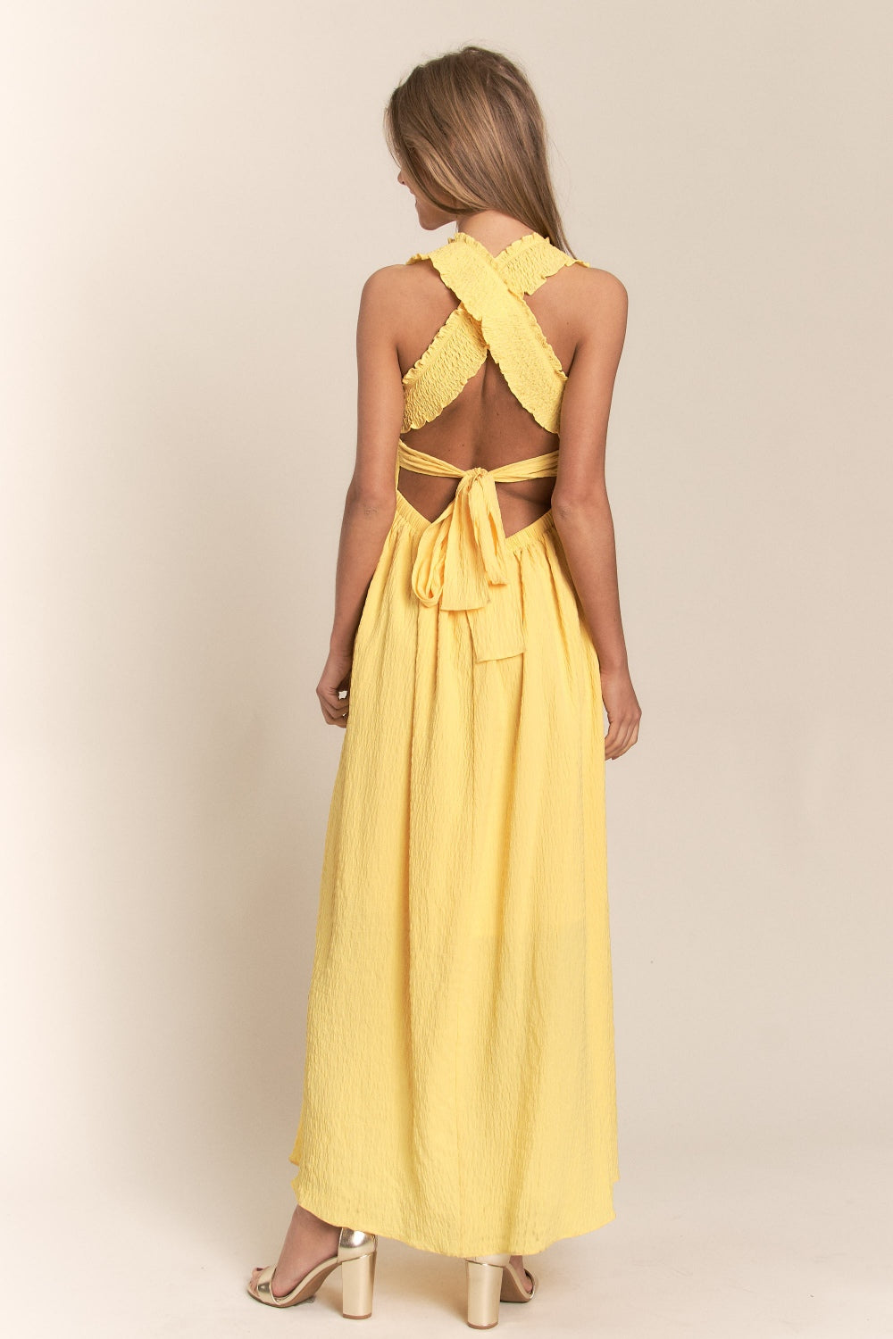 Texture Crisscross Back Tie Smocked Maxi Dress | Dress - CHANELIA