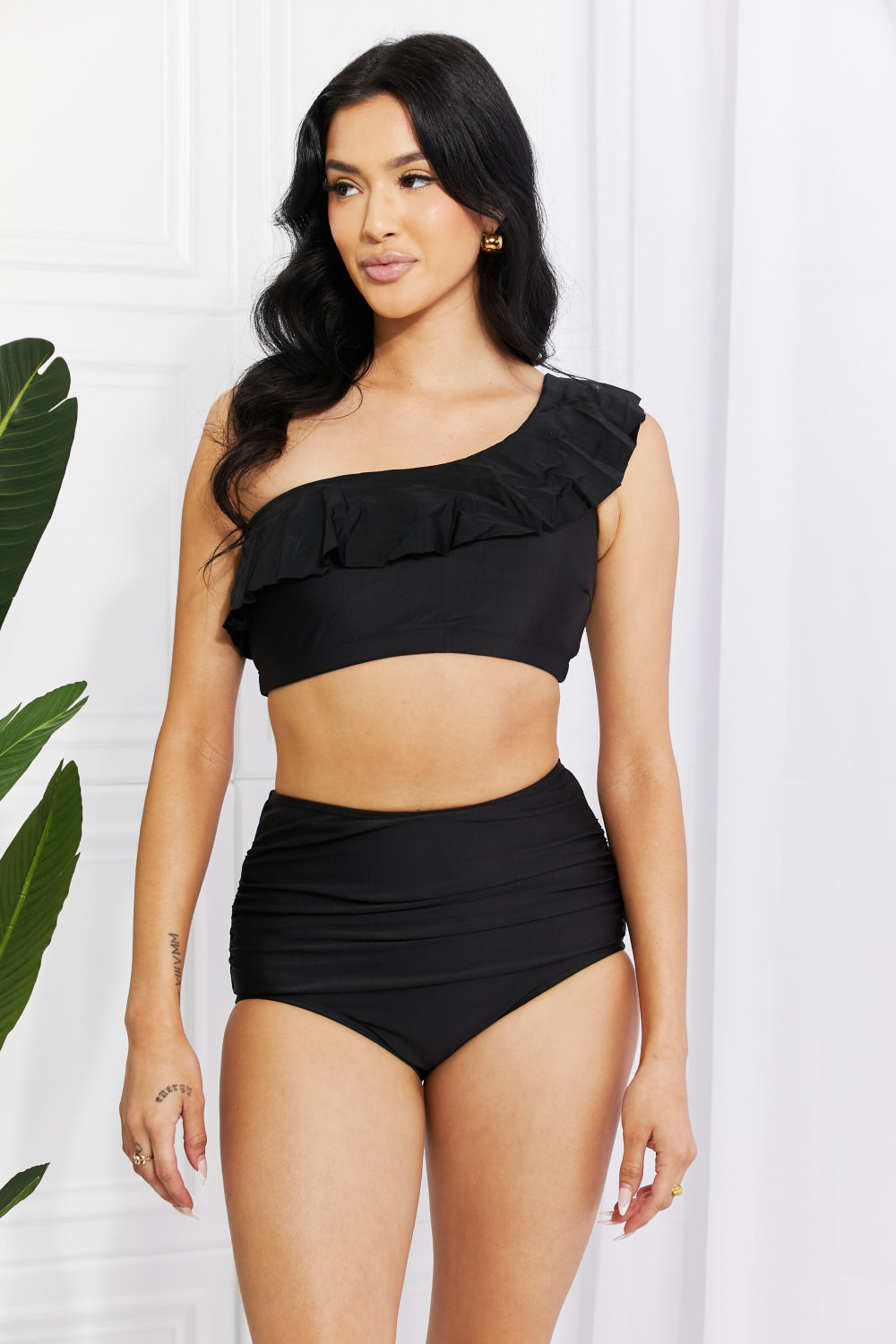 Marina West Swim Seaside Romance Ruffle One-Shoulder Bikini in Black | - CHANELIA