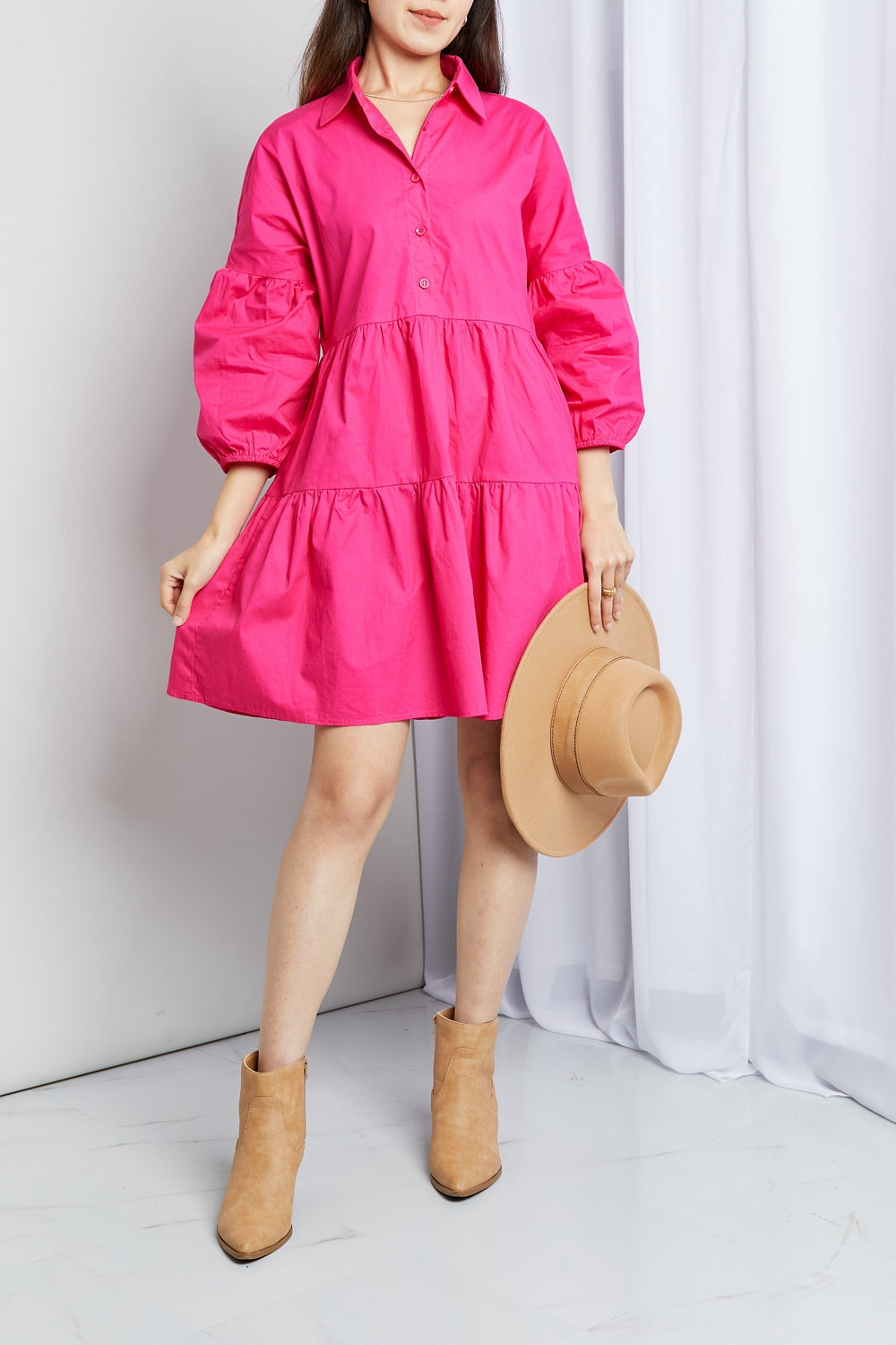 Full Size Buttoned Puff Sleeve Tiered Shirt Dress | Dresses - CHANELIA