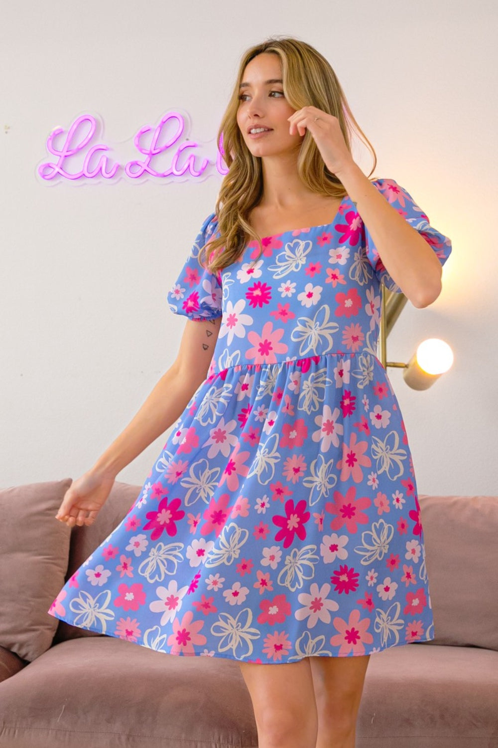 Floral Puff Sleeve Mini Dress | Dress - CHANELIA