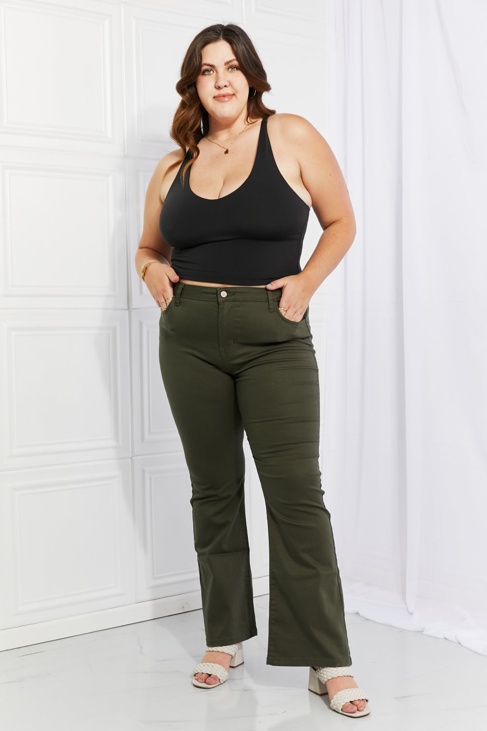 Zenana Clementine Full Size High-Rise Bootcut Pants in Dark Olive | Pants - CHANELIA