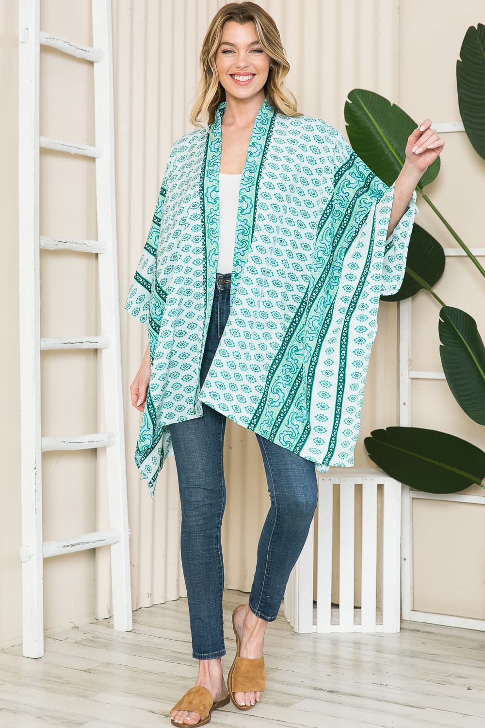 Justin Taylor Printed Open Front Slit Cardigan in Green | - CHANELIA