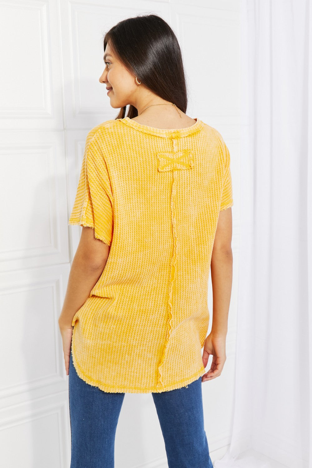 Zenana Start Small Washed Waffle Knit Top in Yellow Gold | Top - CHANELIA