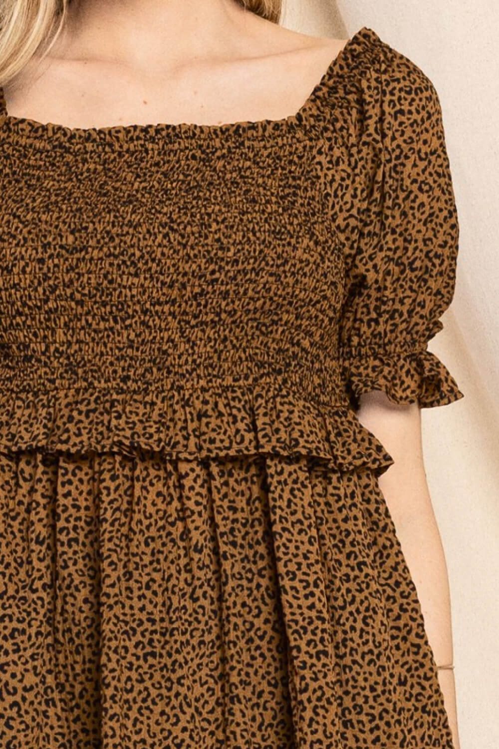 ODDI Full Size Leopard Smocked Frill Trim Babydoll Blouse | Blouses - CHANELIA