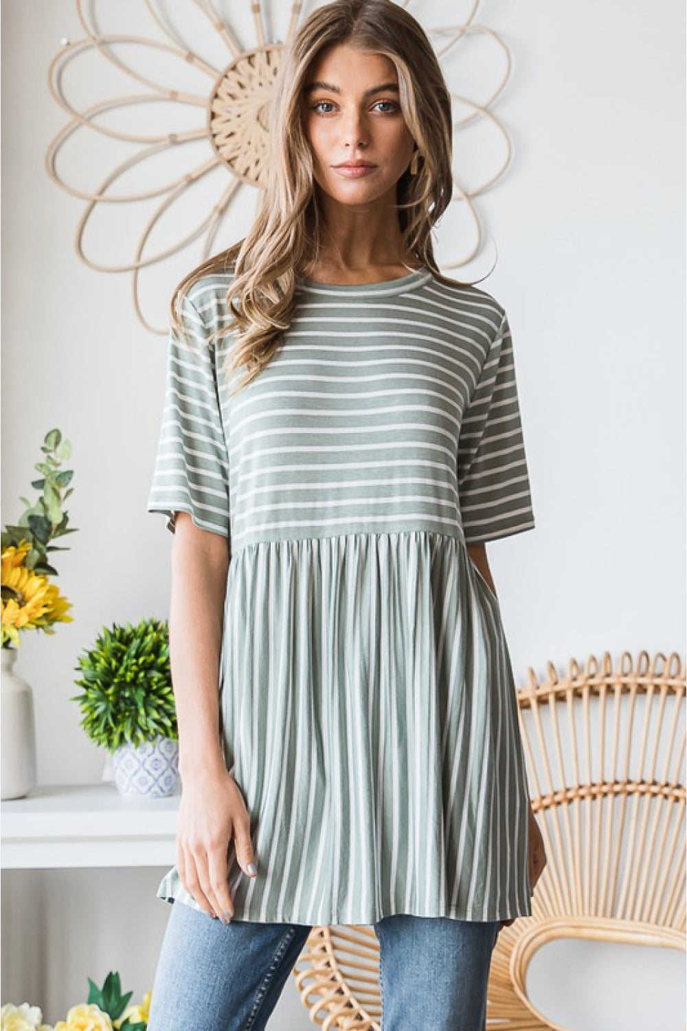 Heimish Full Size Striped Round Neck Babydoll Tee in Sage/Ivory | Tees - CHANELIA