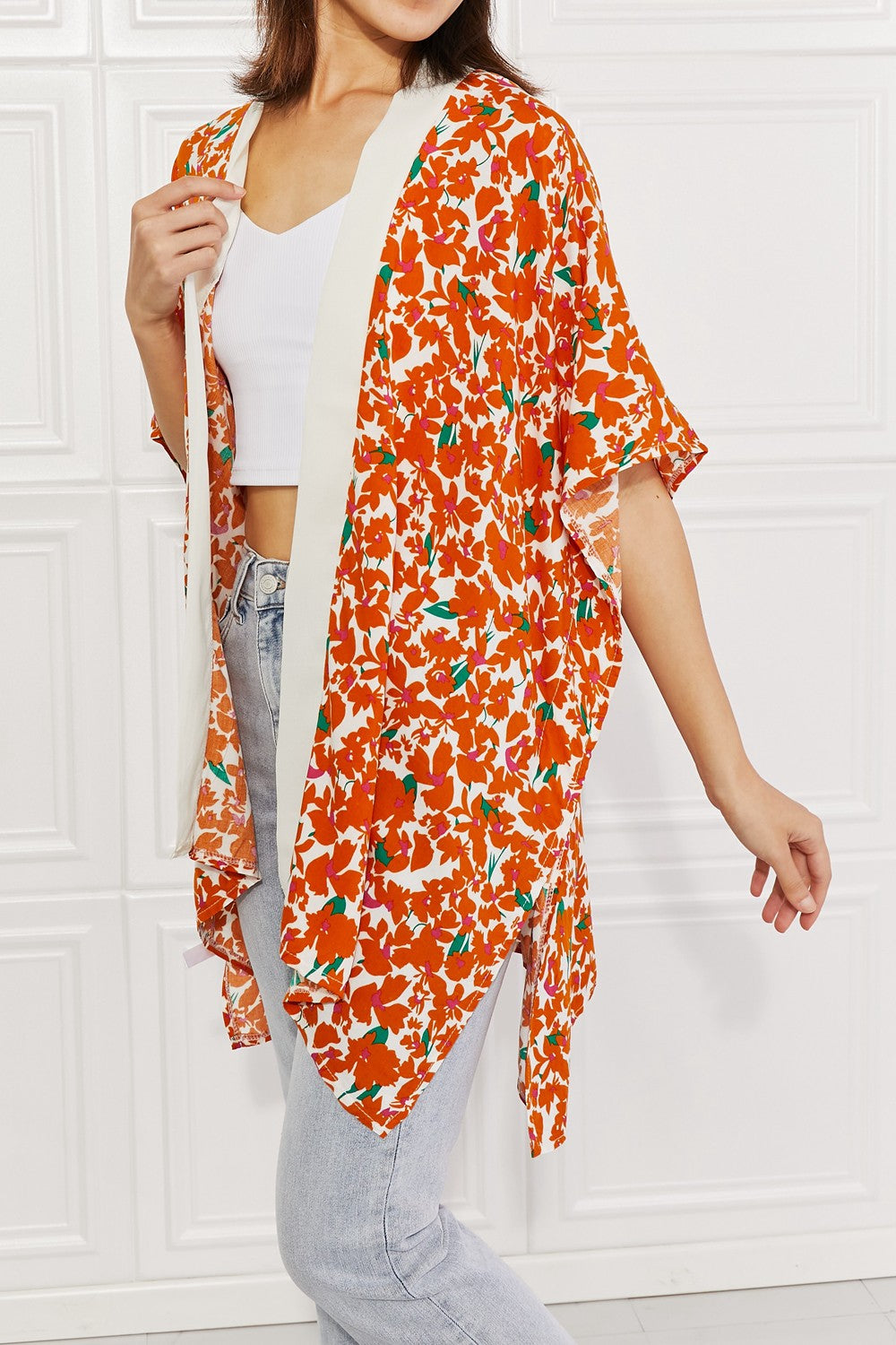Justin Taylor Citrus Blossom Floral Contrast Trim Kimono | - CHANELIA